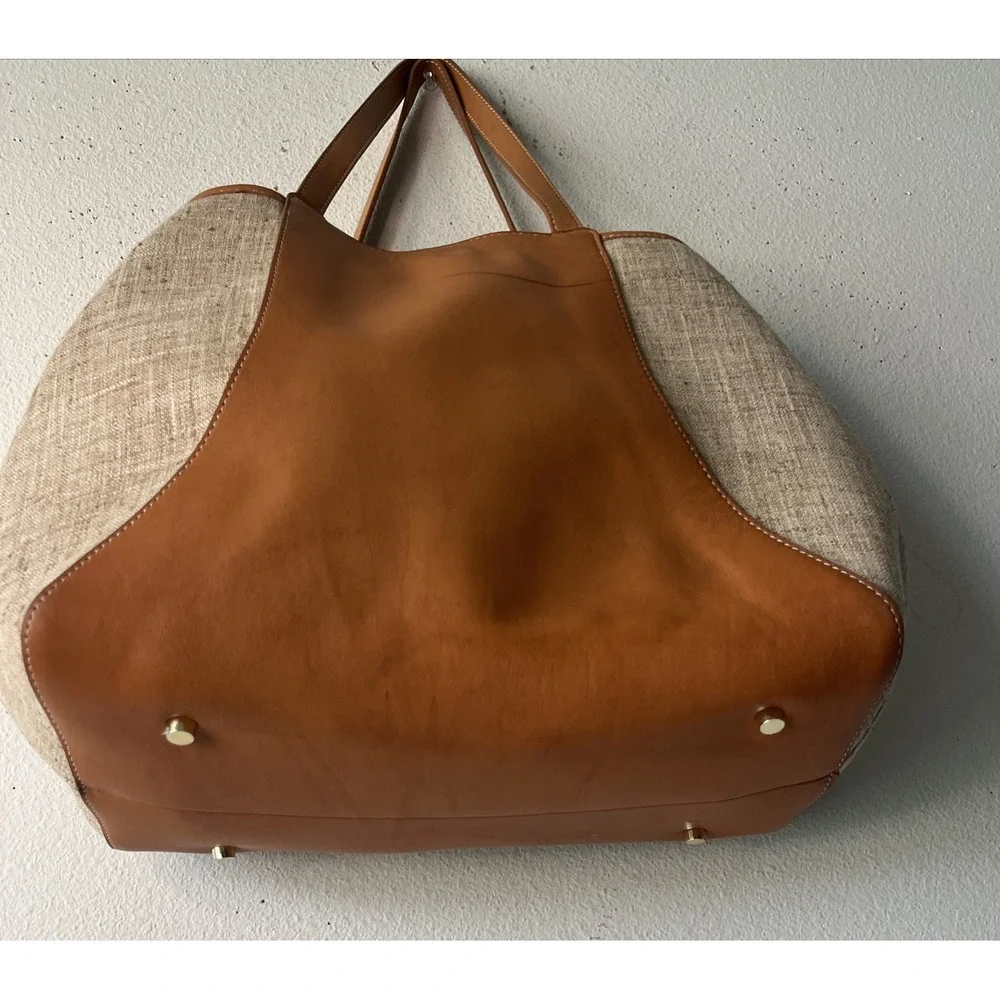 J. McLaughlin Tan Leather and Beige Canvas Hobo Bag
